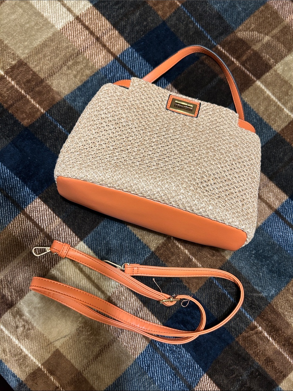 Woven Straw Shoulder Bag with Orange Trim - Women's Convertible Handbag